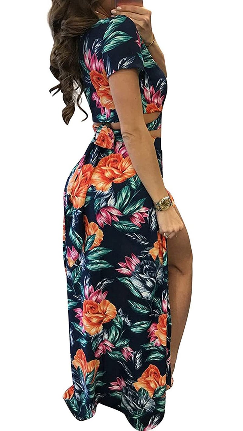 Aro Lora Women's Sexy V Neck Floral Printed Side Slit Two-Piece Maxi Dress Large Multicolor - Image 4